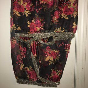 Red and Gold Floral Black Translucent Scarf